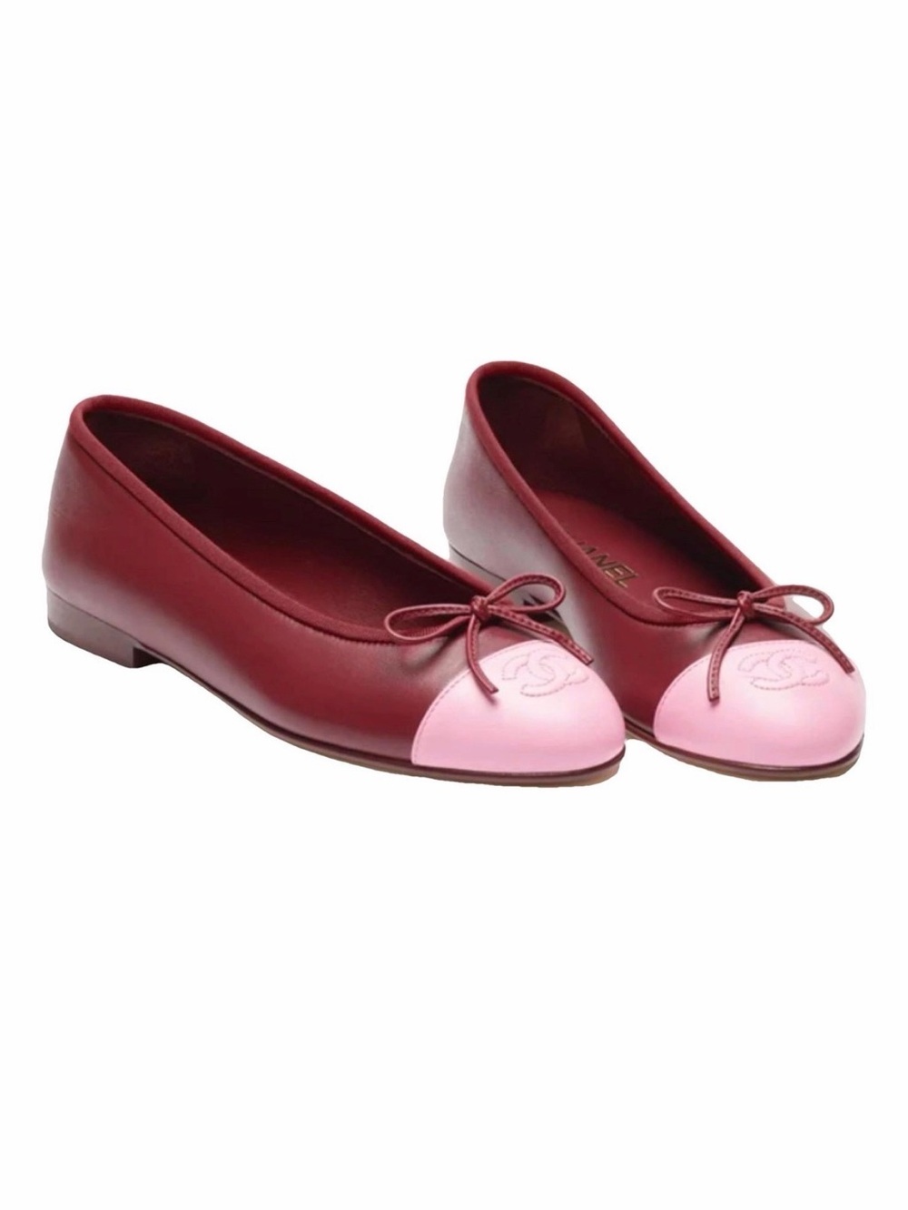 CHANEL Red Leather Ballet Flats with Pink Cap Toes
